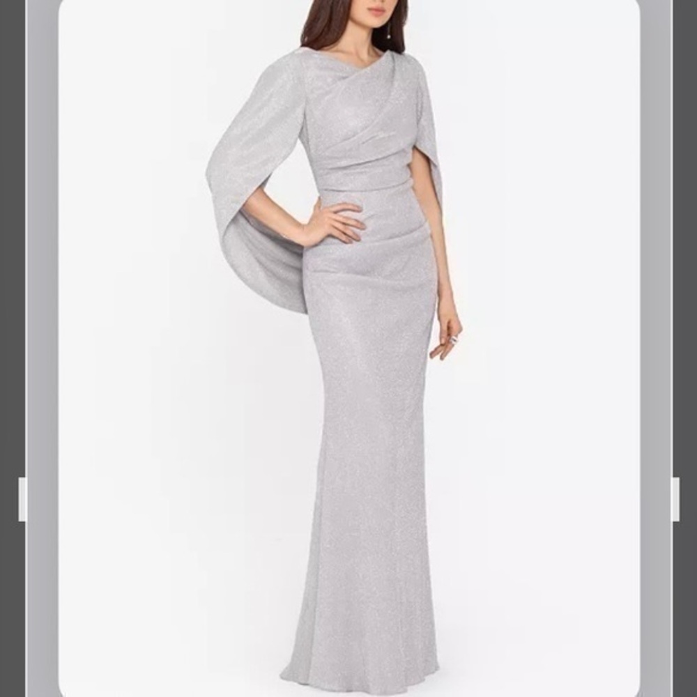 BETSY & ADAM Metallic Cape-Sleeve Drape Back V-back Gown in Taupe/Silver